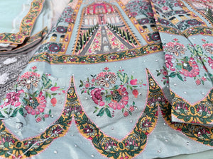 Women’s Sage Green Silk Blend Lehenga Choli Set – Digital Floral Print, Mirror-Style Sequin Work, Faux Georgette Dupatta, Indian Wedding Festive Wear, LHG - 1876
