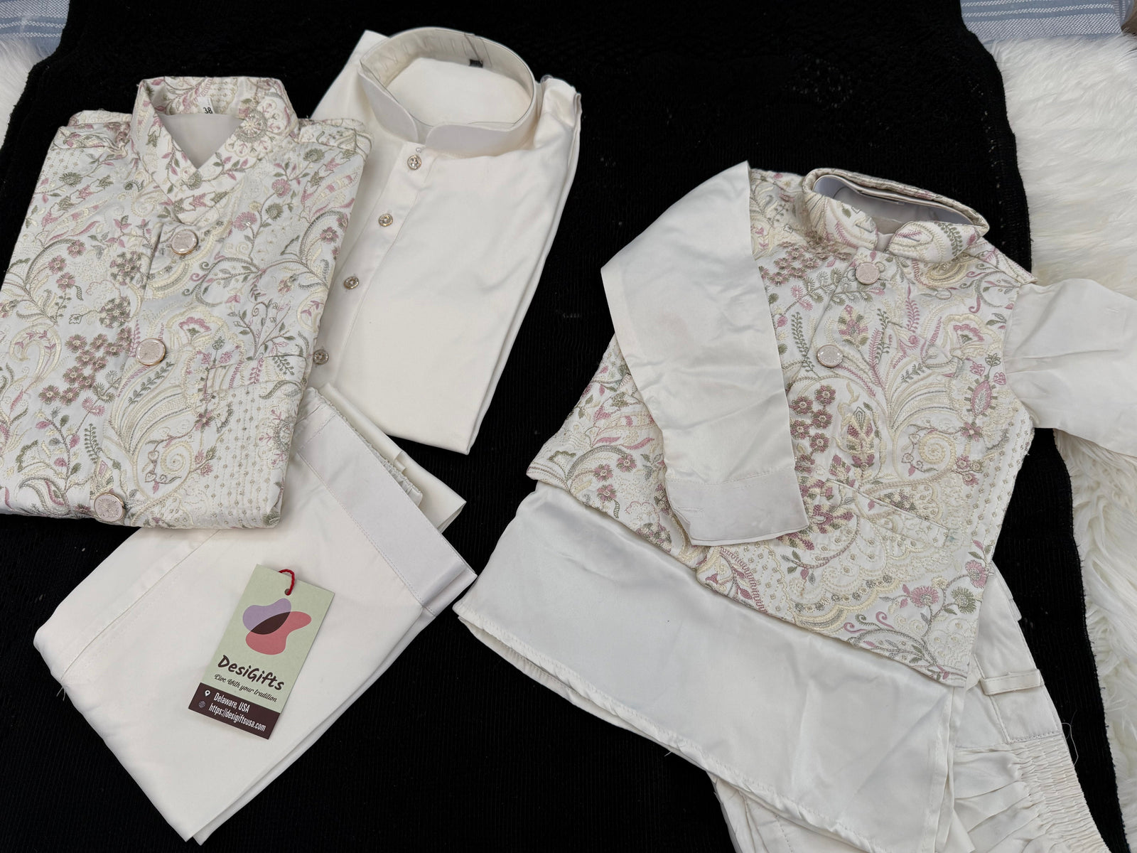 3 Piece Cream Kurta Pajama with Embroidery Jacket Set, Cotton Sateen Kurta, Father & Son's Outfit, DM - 2014