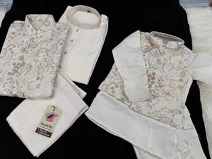 3 Piece Cream Kurta Pajama with Embroidery Jacket Set, Cotton Sateen Kurta, Father & Son's Outfit, DM - 2014