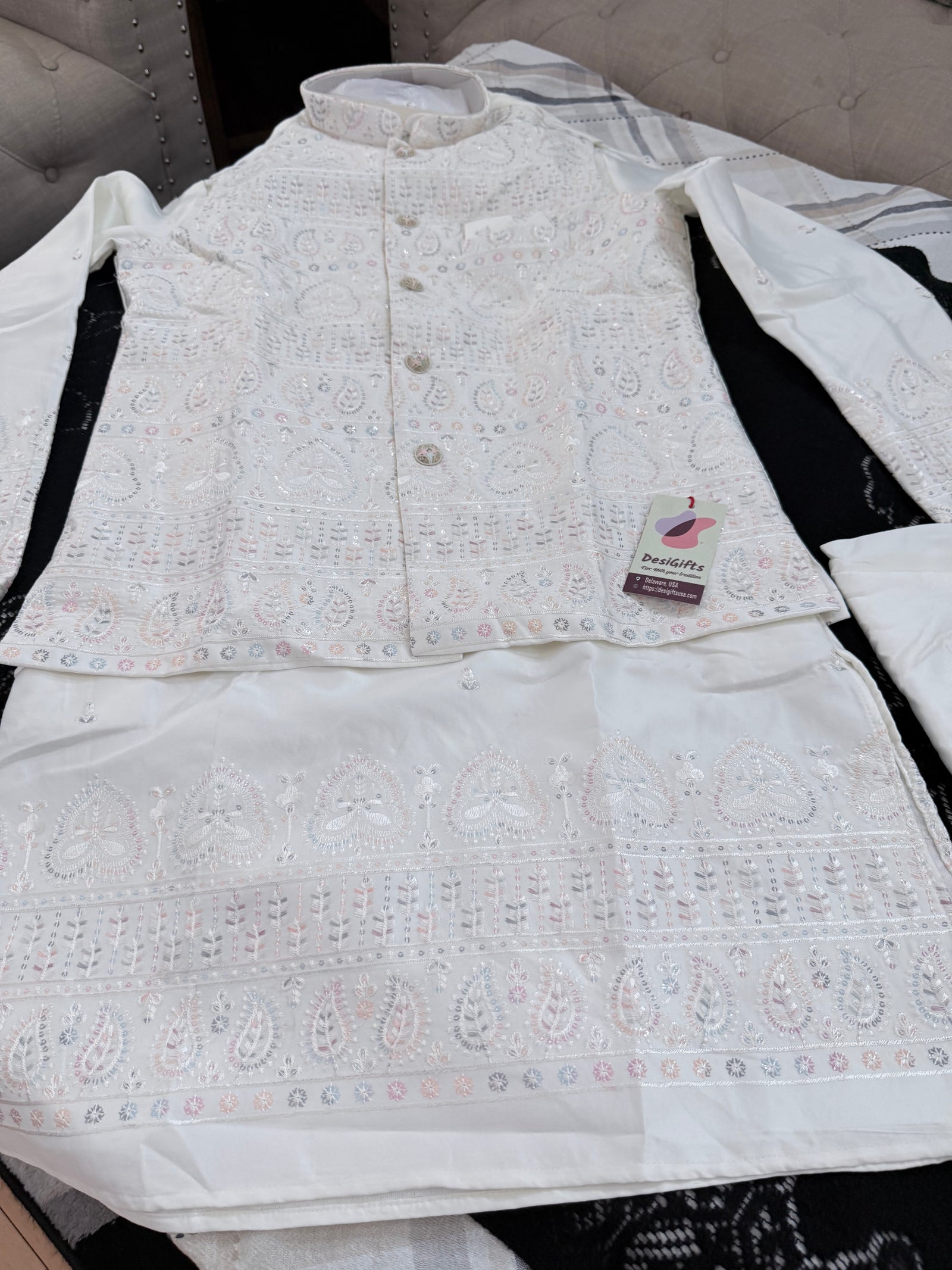 Elegant Men’s 3-Piece Kurta Pajama with Embroidered Sequins Jacket, Ivory Cream Satin Silk Blend Ethnic Wear for Wedding & Festive, KPJ-3062