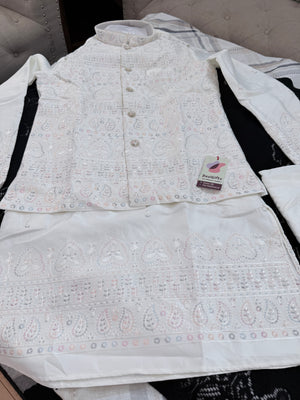 Elegant Men’s 3-Piece Kurta Pajama with Embroidered Sequins Jacket, Ivory Cream Satin Silk Blend Ethnic Wear for Wedding & Festive, KPJ-3062
