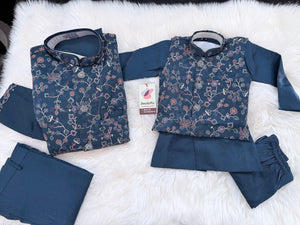 3 Piece Dusty Navy Blue Kurta Pajama with Embroidery Jacket Set, Silk Blend Fabric with a Slight Sheen., Father & Son's Outfit, DM - 3022