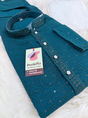 Teal Shade Chikankari Embroidery with Sequins 2 Piece Viscose Rayon Kurta Pajama Set, Indian Partywear Kurta SetKP-1979