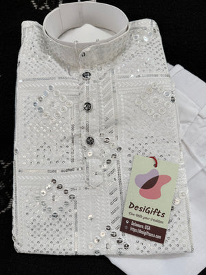 Boys’ Rayon Embroidery White Kurta Pajama Set with Sequins Work, Designer Ethnic Outfit for Kids Festive and Wedding Wear – BOY-2086