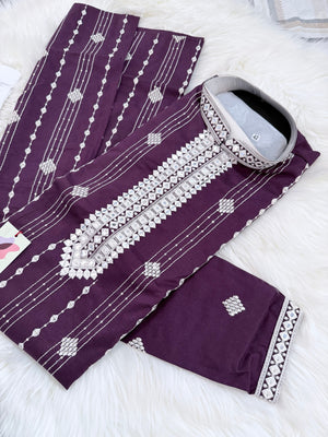 Men’s Mirror Work Embroidered Kurta Pajama Set | Teal Green or Deep Purple Embroidered Indian Wedding Kurta with White Pants, KP - 3063-64