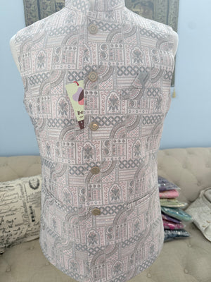 Men’s Light Blush Pink with Gray Woven Design Brocade Nehru Jacket – Indian Wedding Waistcoat, Festive Ethnic Modi Jacket, J-3076