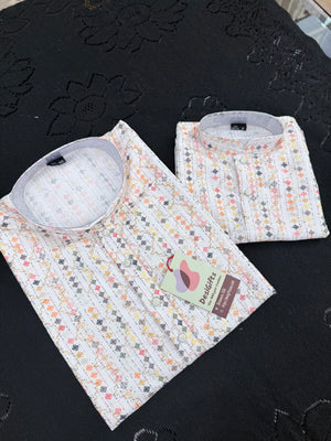 Ivory Cream 2-Piece Kurta Pajama Set – Father & Son Outfit | Premium Cotton Jacquard with Zari & Sequin Detailing, DM-2043