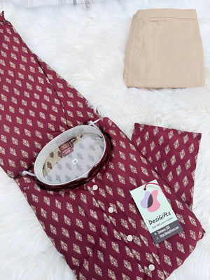 Men’s Wine Maroon Jacquard Kurta Pajama Set, Indian Ethnic Wear for Wedding Party Festival, Designer Kurta for Men, KP -3003