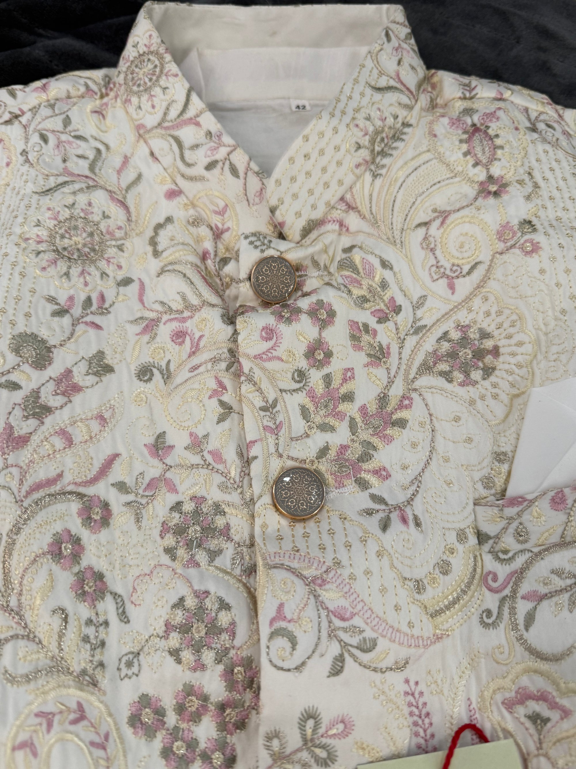 Elegant 3 Piece Cream Kurta Pajama with Jacket  Embroidered Set for Man, Cotton Silk, Indian Wedding Partywear, DM - 1885