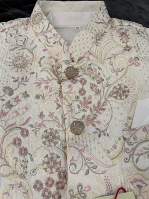 Elegant 3 Piece Cream Kurta Pajama with Jacket  Embroidered Set for Man, Cotton Silk, Indian Wedding Partywear, DM - 1885