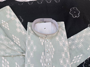 Men’s Sage Green Embroidered Kurta Pajama Set | White Thread & Sequin Work | Traditional Indian Wedding & Festive Wear, KPS-4028