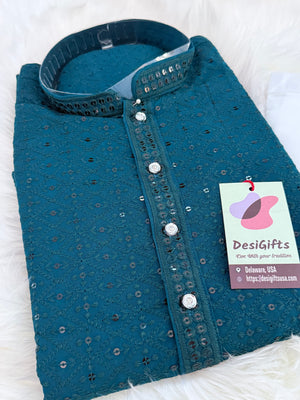 Teal Shade Chikankari Embroidery with Sequins 2 Piece Viscose Rayon Kurta Pajama Set, Indian Partywear Kurta SetKP-1979