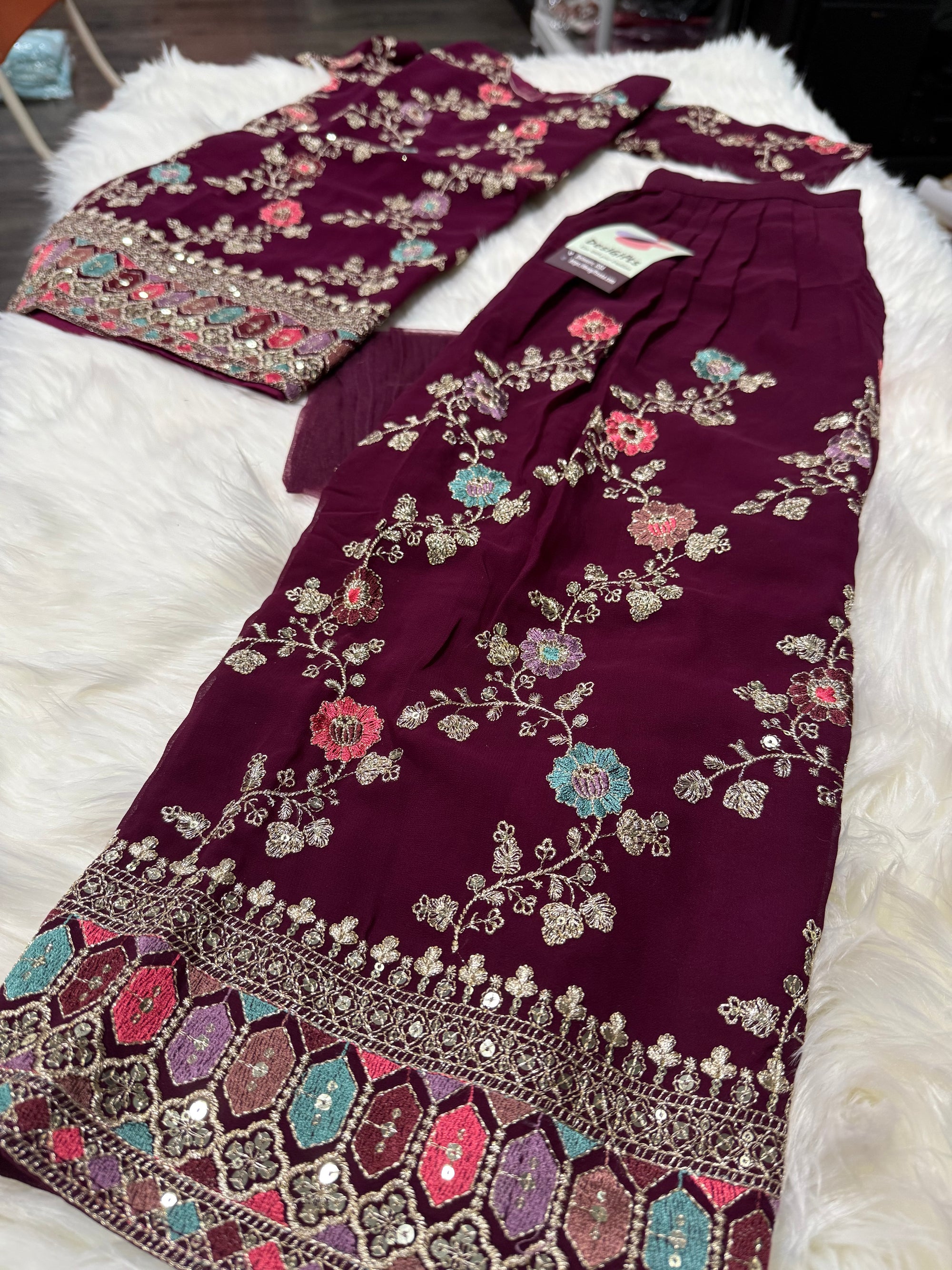 Girls’ Indian Ethnic Palazzo Suit – Dark Wine Shade with Heavy Embroidery & Sequins, GRL -1947