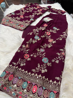 Girls’ Indian Ethnic Palazzo Suit – Dark Wine Shade with Heavy Embroidery & Sequins, GRL -1947