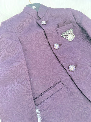 Boys Plum Purple Jacquard Indo-Western Suit Set | Paisley Bandhgala Jacket with Matching Pants | Wedding & Festive Wear- B-4050