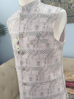 Men’s Light Blush Pink with Gray Woven Design Brocade Nehru Jacket – Indian Wedding Waistcoat, Festive Ethnic Modi Jacket, J-3076
