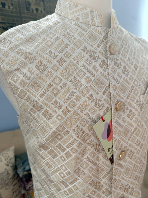 Men’s Light Beige Brocade Nehru Jacket – Blended Silk Indian Sadri, Festive Wedding Waistcoat, Ethnic Modi Jacket, J-3075