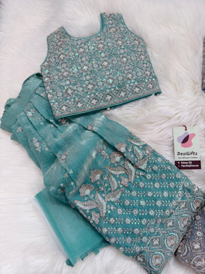 Baby Girls’ Embroidered Lehenga Choli Set in Teal Blue & Slate Gray, Festive Indian Ethnic Outfit Lehenga Dress, GRL-2091