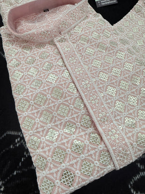 Men's Kurta Pajama set with Embroidery and Sequins in Soft Pink Shade. Two-piece Indian traditional outfit., KP - 1420-1421