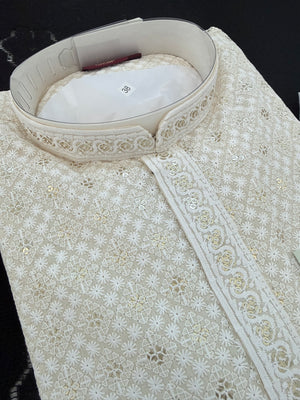 Ivory Cream Embroidered with Sequins Kurta Pajama for Men | Traditional Indian Threadwork Ethnic Outfit, KP - 3023