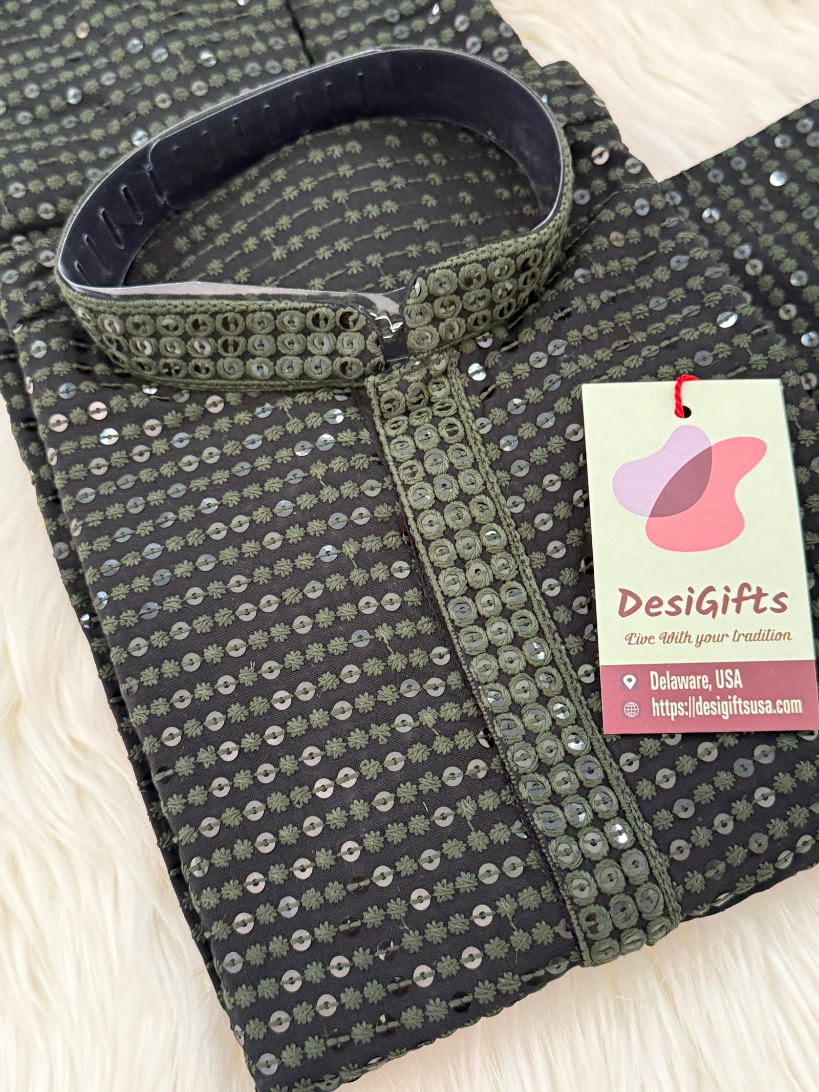 Pre-Teen and Teen Boy's Chikankari Embroidered Rayon Kurta Pajama with Sequins , Henna Green Shade, - BOY-1915