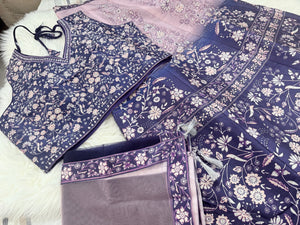 Women’s Navy Blue & Dusty Pink Lehenga Choli Set with Dupatta – Digital Floral Print, Mirror-Style Sequin Work, Indian Wedding Festive Wear, LHG - 4009