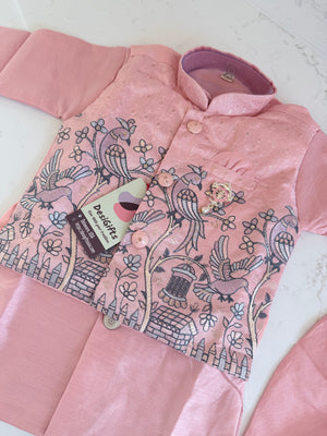 PInk Shade 4 Piece Boy's Cotton  Silk Ethnic Kurta with Jacket, Dhoti and Pajama- Design B-2004