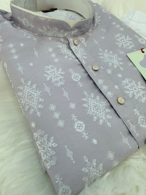 Pastel Purple Jacquard Silk Kurta Pajama Set with Off White Self woven work for Men, KPS-3026