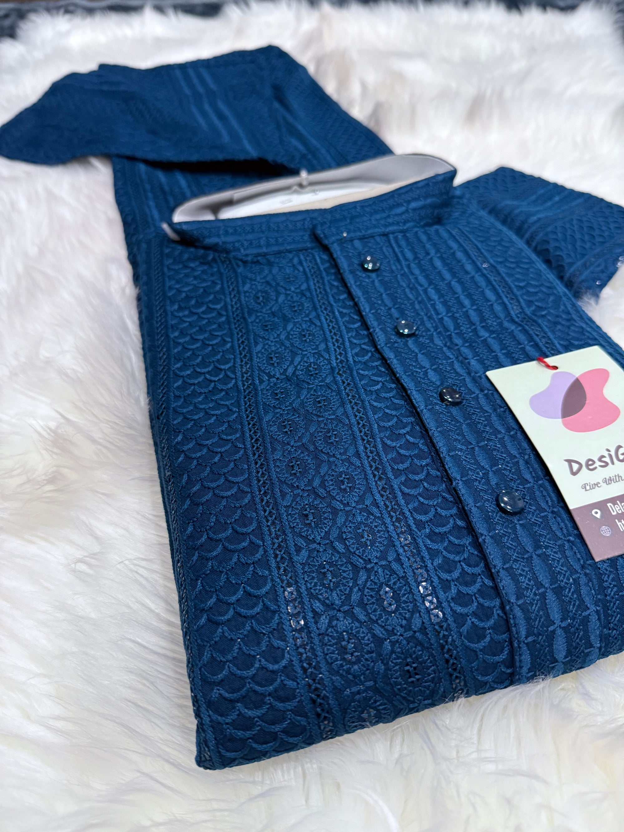 Exquisite Chikankari Sequins 2 Piece Kurta Pajama Set for Man, Teal Blue Shade, Embroidered Party Man's Wear, KP - 1941