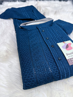 Exquisite Chikankari Sequins 2 Piece Kurta Pajama Set for Man, Teal Blue Shade, Embroidered Party Man's Wear, KP - 1941