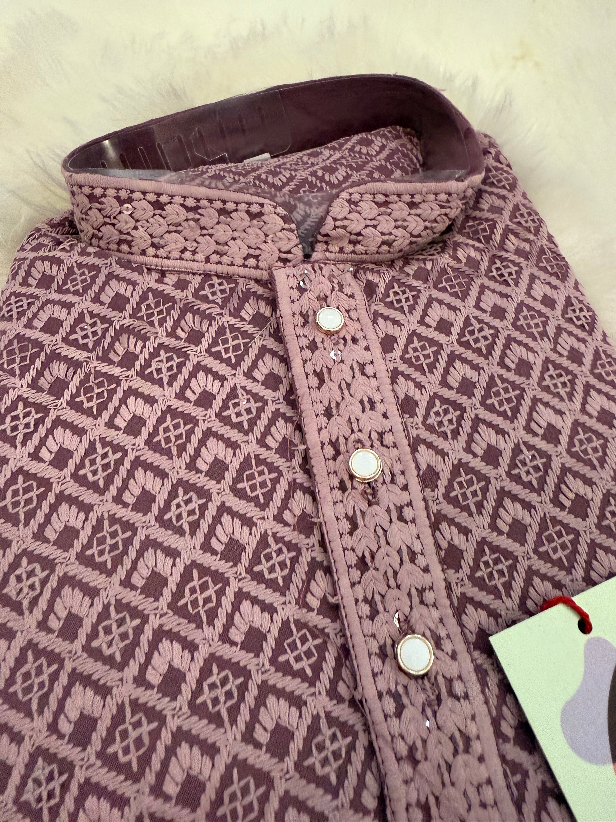 Onion Shade Chikankari Shirt-Style Short Kurta with Sequins – Ethnic Casual Kurta, SK - 1935