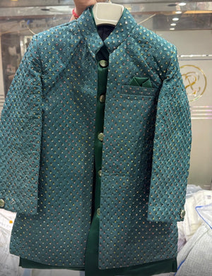 Boy's Pine Green Shade Cotton Silk 3 Piece Indo Western Outfit,  Embroidered  Sequins Long Jacket with Pant , Boy's Sherwani Dress - B-3051