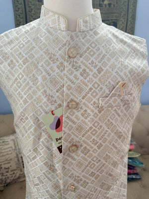Men’s Light Beige Brocade Nehru Jacket – Blended Silk Indian Sadri, Festive Wedding Waistcoat, Ethnic Modi Jacket, J-3075