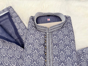 Men's Steel Blue Printed Kurta Pajama Set | Designer Indian Ethnic Wear with Mandarin Collar | Wedding, Diwali & Festive Outfit, KP-4089