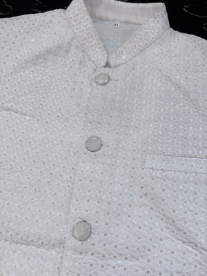Men’s White Embroidered Jacket with Sequins – Premium Ethnic Waistcoat Sadri, J-2084