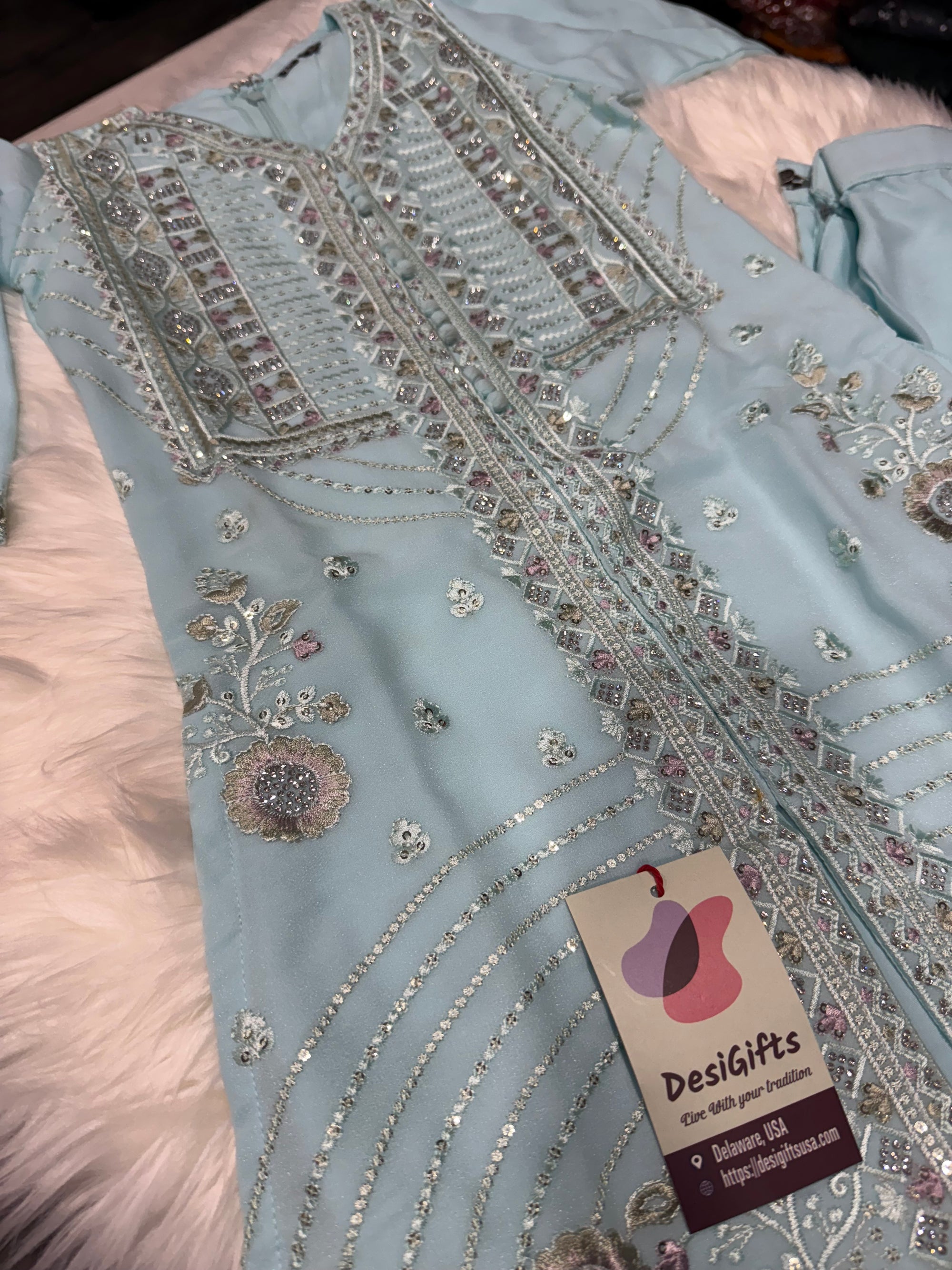 Graceful Sky Blue 3-Piece Girls’ Kurti Set with Intricate Embroidery and Sequin Detailing, Design G-1948