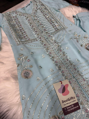 Graceful Sky Blue 3-Piece Girls’ Kurti Set with Intricate Embroidery and Sequin Detailing, Design G-1948