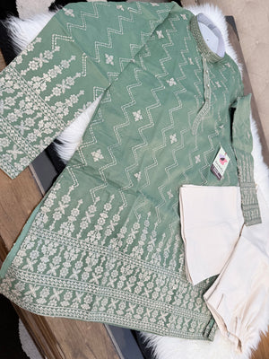 Men’s Sage Green Embroidered Kurta Pajama Set – Shorter Kurta with Ivory slight bootcut-style Pants, Indian Wedding & Festive Ethnic Wear, KP - 4004
