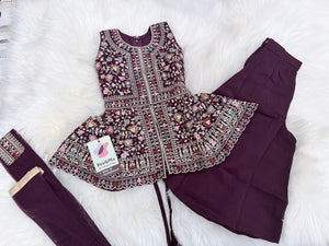 Baby Girls’ Designer Embroidered Palazzo Set in Navy Blue & Wine, Festive Indian Ethnic Palazzo Outfit with Dupatta, Partywear Dress for Kids, GRL-2090