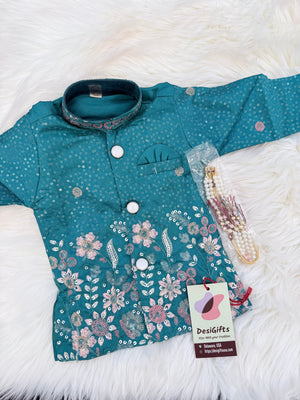 Baby Boys 3 Piece Teal Blue Silk Blend Indian Dress Set with Sherwani Kurta, Dhoti & Pajama – Ethnic Wedding and Festive Outfit, B-4062