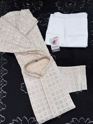 Men's Kurta Pajama set with Embroidery and Sequins in Light Yellowish Shade. Two-piece Indian traditional outfit., KP - 1425