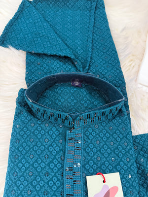 Pre-Teen and Teen Boy's Chikankari Embroidered Rayon Kurta Pajama with Sequins , Teal Blue Shade, - BOY-1913