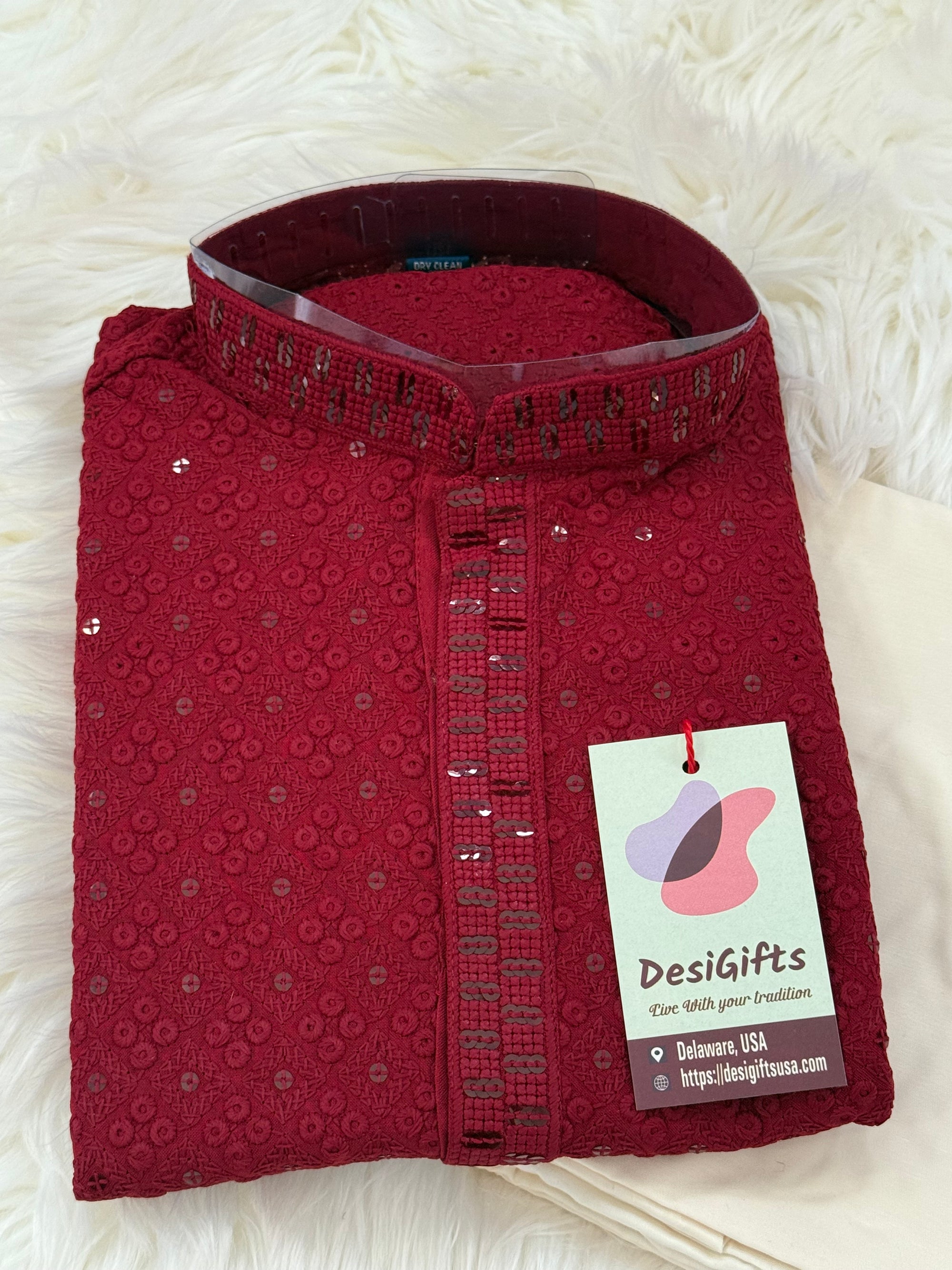 Pre-Teen and Teen Boy's Chikankari Embroidered Rayon Kurta Pajama with Sequins , Maroon Shade, - BOY-1910
