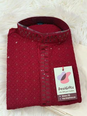 Pre-Teen and Teen Boy's Chikankari Embroidered Rayon Kurta Pajama with Sequins , Maroon Shade, - BOY-1910