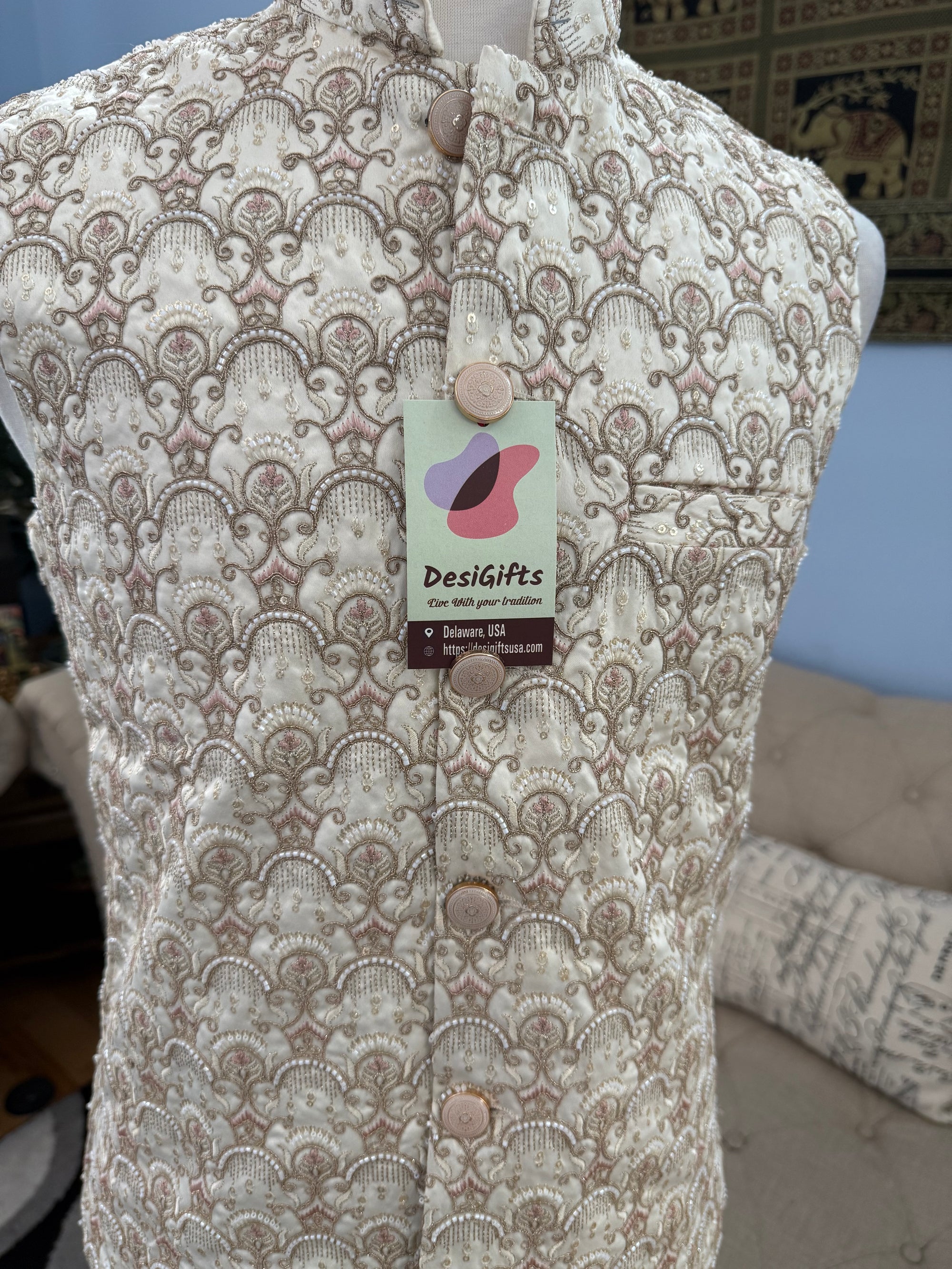 Classy Cream Jacket for Men, Intricately Embroidered Indian Waistcoat, Sadri with Sequins, Wedding Jacket, J - 1927