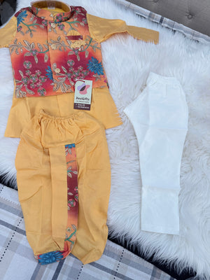 Boys Yellow Kurta Pajama Set with Floral Jacket | Dhoti and Trouser Pant Option | Indian Wedding Festive Ethnic Wear for Kids, B-4049