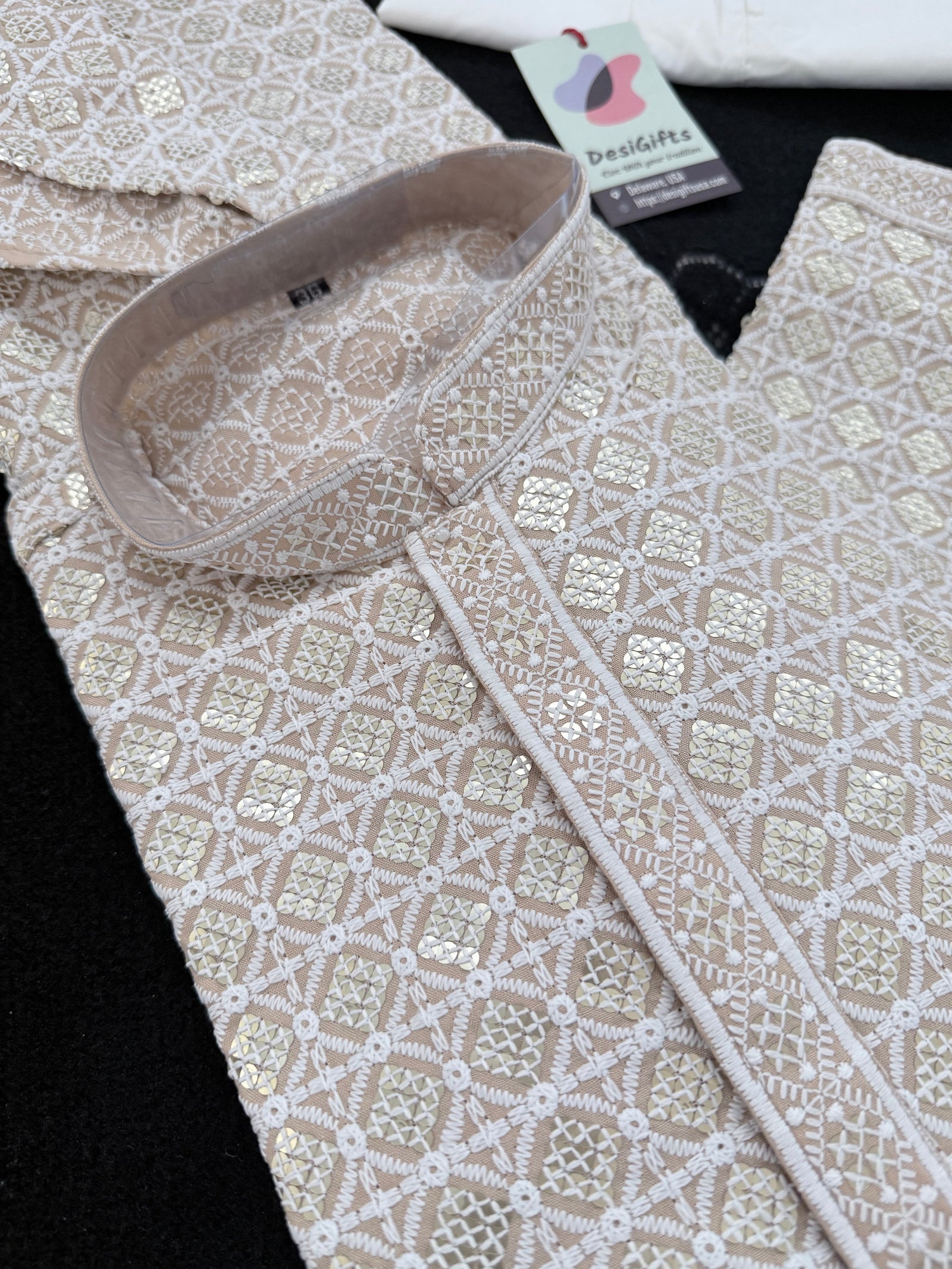Men's Kurta Pajama set with Embroidery and Sequins in Light Beige Shade. Two-piece Indian traditional outfit., KP - 1424