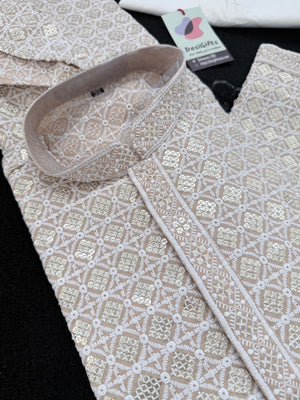 Men's Kurta Pajama set with Embroidery and Sequins in Light Beige Shade. Two-piece Indian traditional outfit., KP - 1424