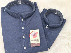 Men & Boys Navy Rayon Chikankari with Sequins Kurta Pajama Set | Matching Father Son Festive Outfit with Sequin Work, DM -2077