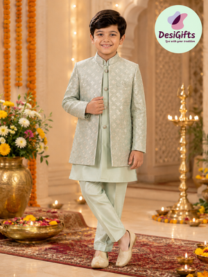 Boy's Green Shade Cotton Silk 3 Piece Indo Western Outfit,  Embroidered  Sequins Long Jacket with Pant , Boy's Sherwani Dress - B-3055
